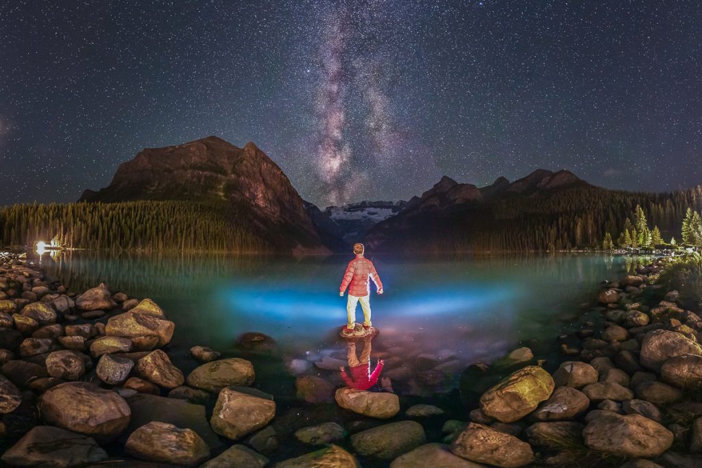 2x3, Alberta, Astrophotography, Canada, Canadian Rockies, Lake Louise, Landscape, Milkyway, Night, Stars, self-portrait